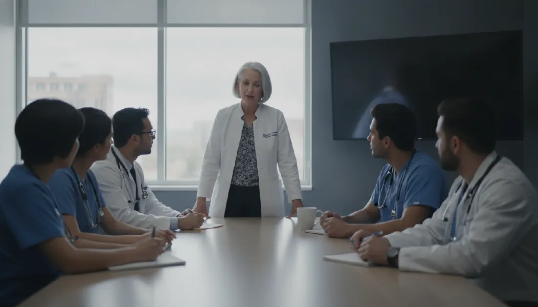 A small group teaching session in a hospital conference room
