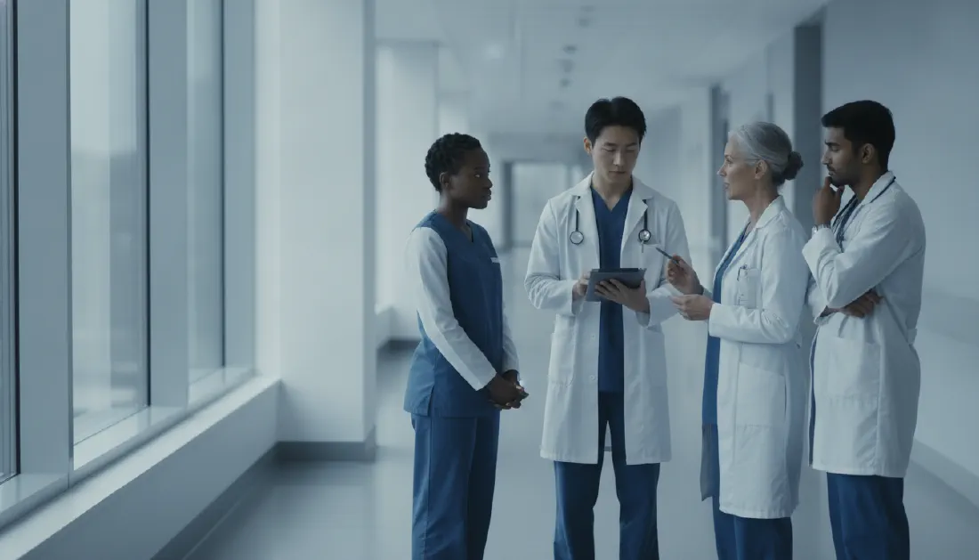 An attending physician teaching a small group of residents during hospital rounds